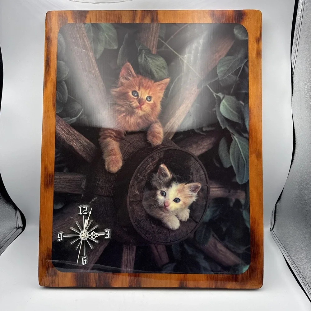 Vtg Wood Framed Wall Clock Kittens Cats WORKS 20x16 Brown Decorative Collectible